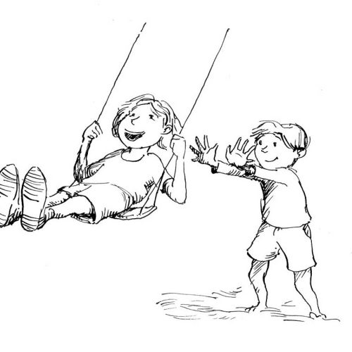Boy pushing girl on a swing in a black and white ink drawing