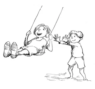 Boy pushing girl on a swing in a black and white ink drawing