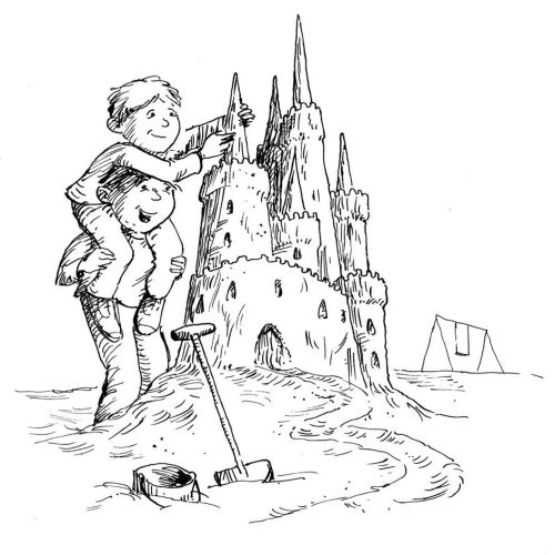 Two boys building a large sandcastle on the beach