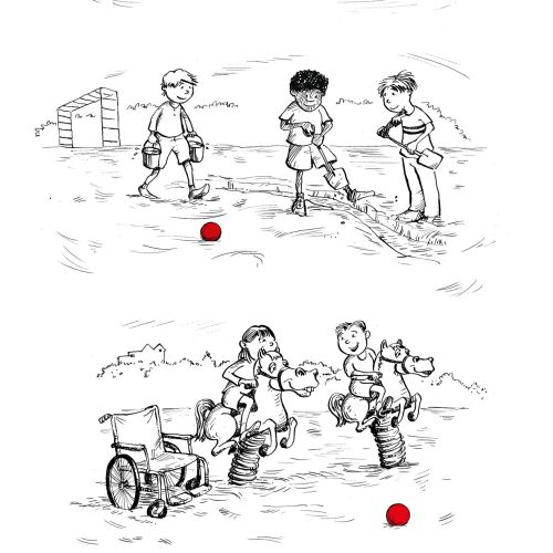 Illustration of children playing outside with a red ball near a goal and on a seesaw