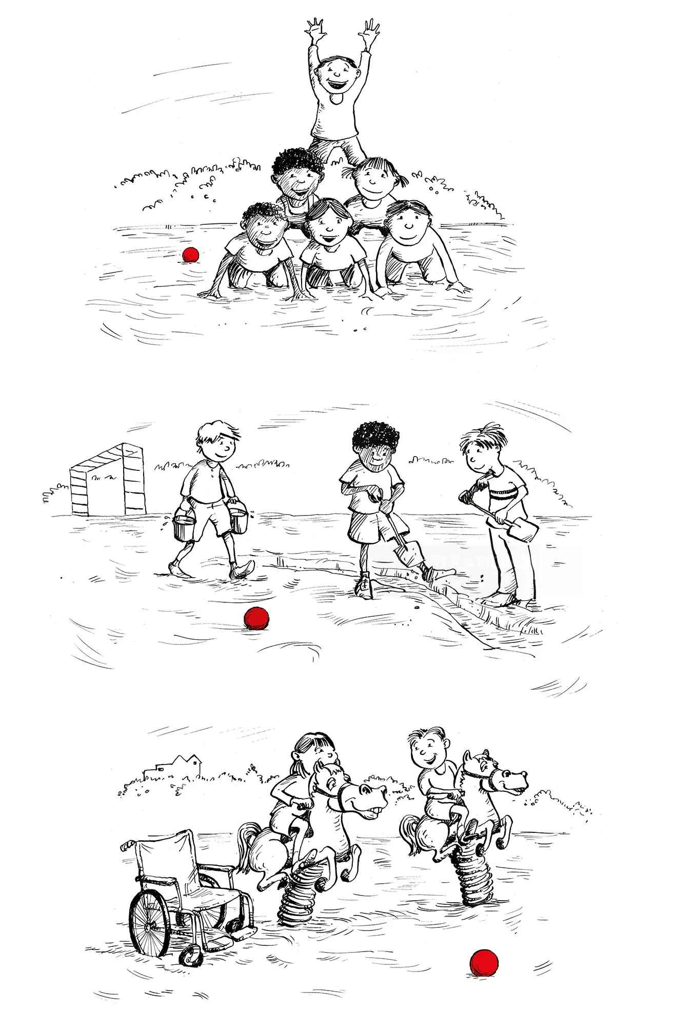 ゴールの近くで赤いボールとシーソーを使って外で遊んでいる子供たちのイラスト