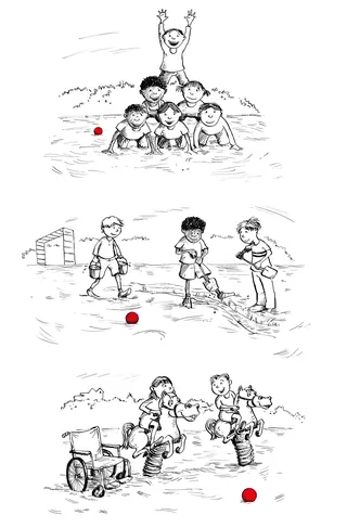 Illustration of children playing outside with a red ball near a goal and on a seesaw