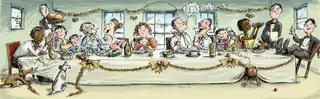 Comic illustration of diverse group at a dinner party table