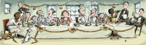 Comic illustration of diverse group at a dinner party table