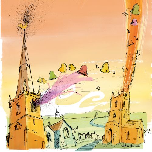 Illustration of two churches with colorful bells ringing in the sky