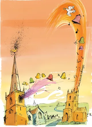 Illustration of two churches with colorful bells ringing in the sky