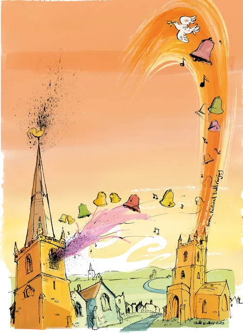 Illustration of two churches with colorful bells ringing in the sky