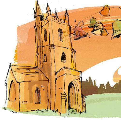 Illustration of a church and festival characters on orange sky background