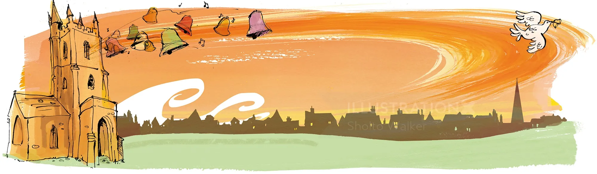 Illustration of a church and festival characters on orange sky background