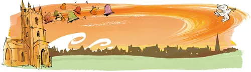 Illustration einer Kirche und von Festfiguren vor orangefarbenem Himmel
