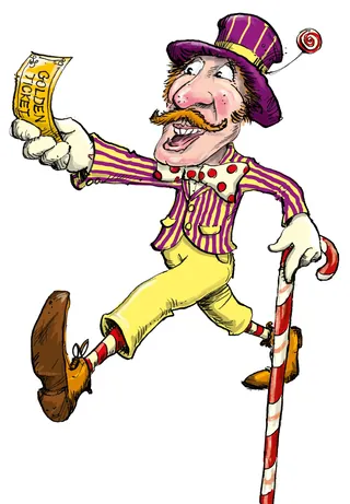 Illustration of Willy Wonka holding Golden Ticket and candy cane