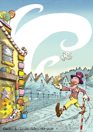 Willy Wonka walking in candy-themed town with sweets house