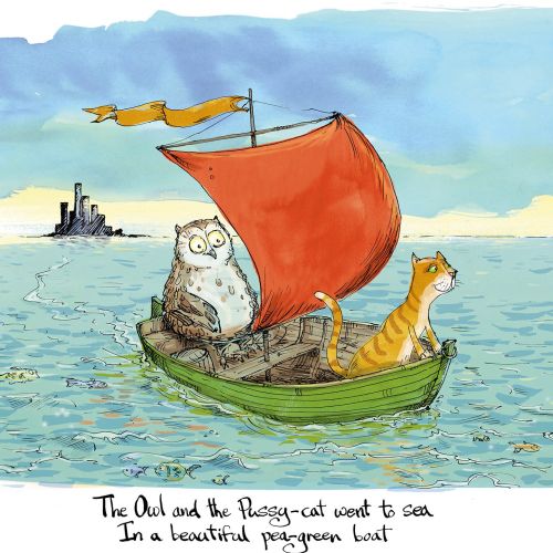 Owl and cat sailing together in a green boat with a red sail