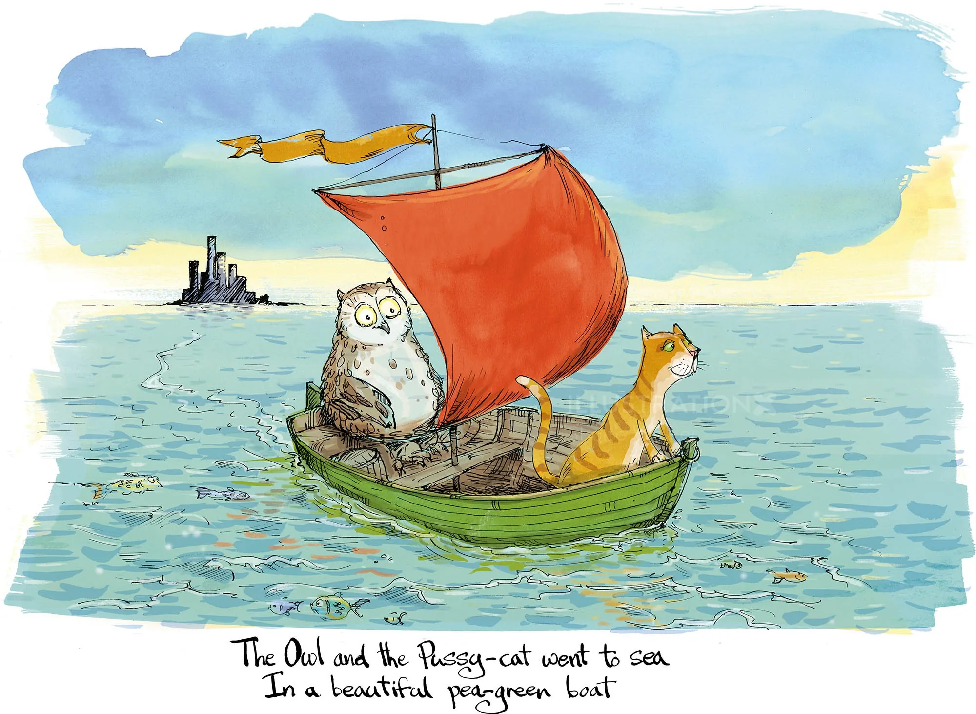 Owl and cat sailing together in a green boat with a red sail