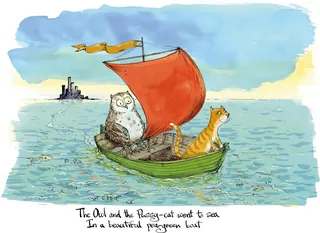 Owl and cat sailing together in a green boat with a red sail