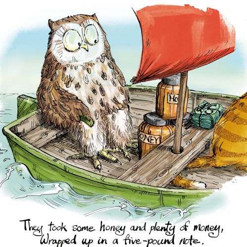 Owl and cat in a small boat with honey and a red sail