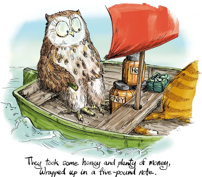 Owl and cat in a small boat with honey and a red sail