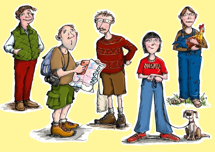 Collage of five diverse comic characters with distinct outfits
