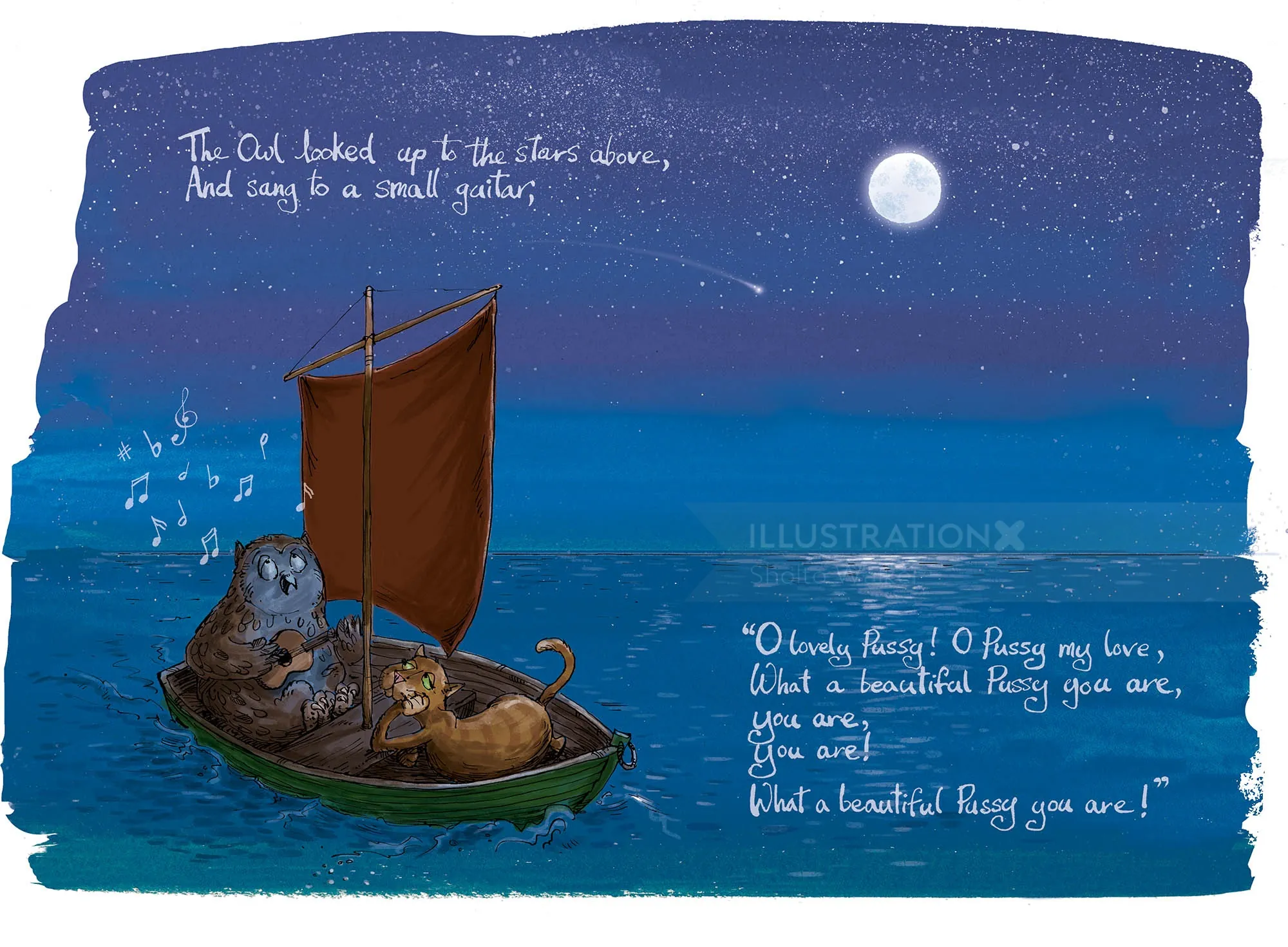 Búho y gato navegando bajo un cielo estrellado iluminado por la luna con texto de poema