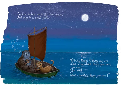 Eule und Kätzchen segeln unter mondbeschienenem Sternenhimmel (mit Gedichttext)