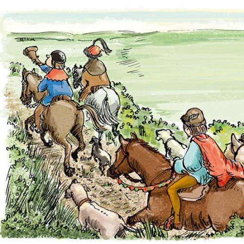 Medieval English hunting scene with riders on horseback and dogs