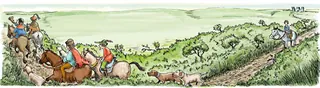 Medieval English hunting scene with riders on horseback and dogs