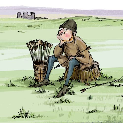 Young medieval boy practices archery with teacher outdoors