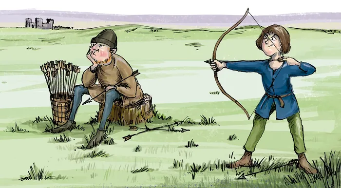 Young medieval boy practices archery with teacher outdoors