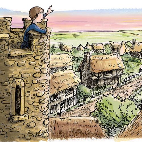 Boy waving from castle tower over medieval village rooftops