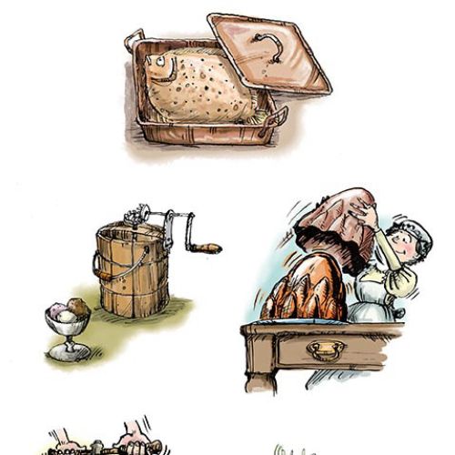 Illustrations of unusual Victorian kitchen tools and activities