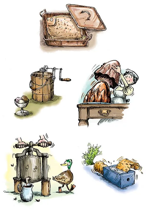 Illustrationen ungewöhnlicher viktorianischer Küchengeräte und -aktivitäten