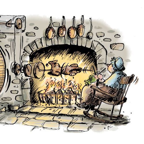 Victorian kitchen with dog on treadmill turning spit roast