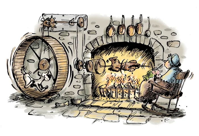 Victorian kitchen with dog on treadmill turning spit roast
