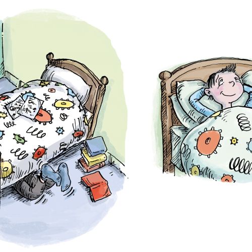 Illustration of a boy in bed and a smaller boy hiding under the bed