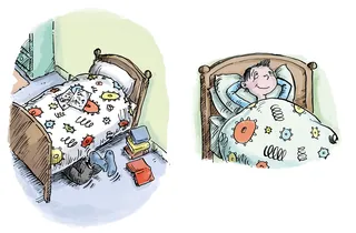 Illustration of a boy in bed and a smaller boy hiding under the bed