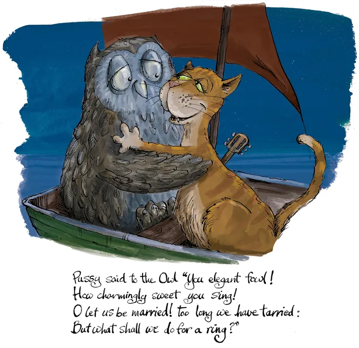 Owl and cat embracing in a boat under night sky with a sail