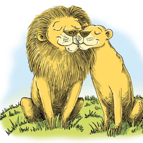 Cartoon of a lion and lioness rubbing faces affectionately