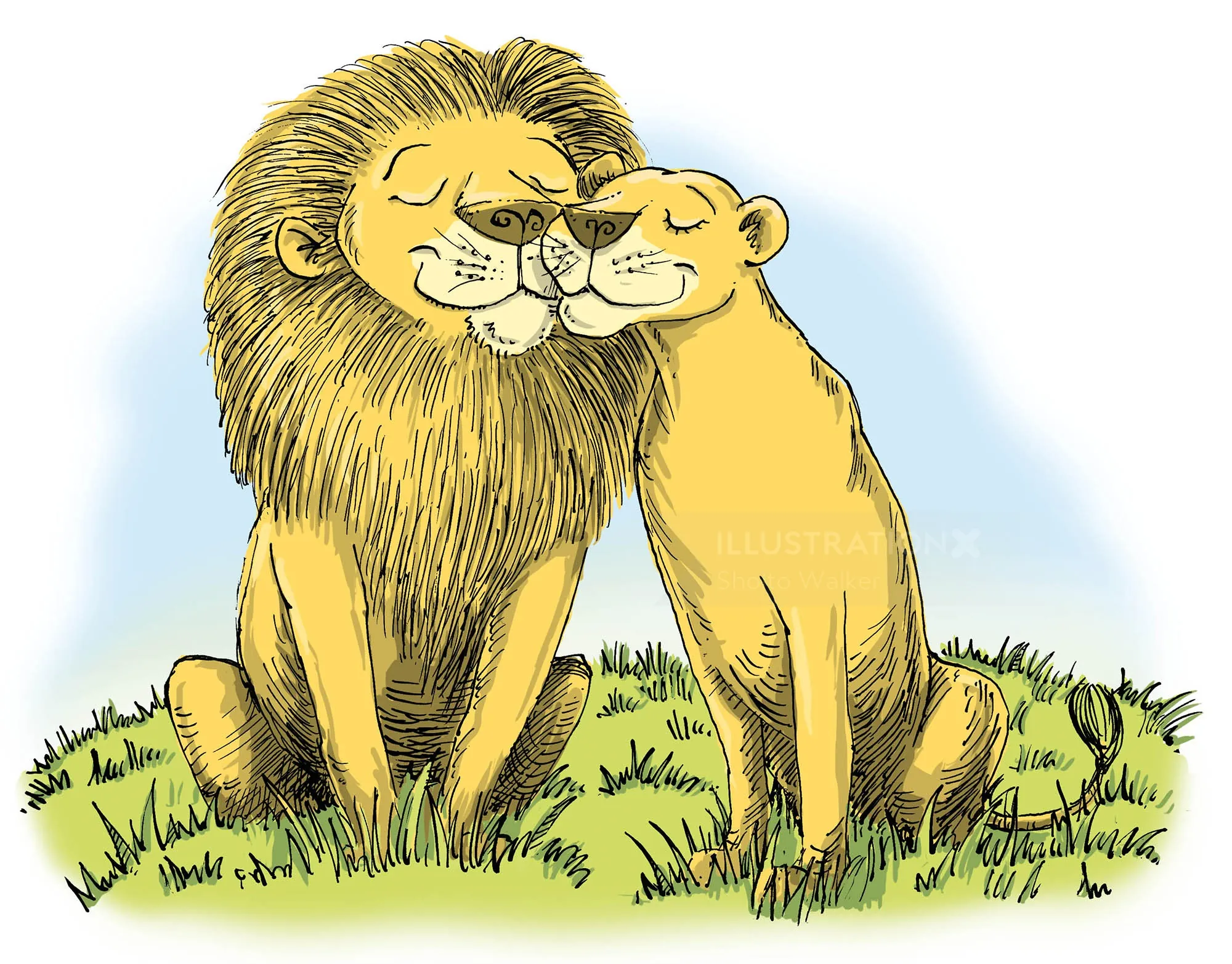 Cartoon of a lion and lioness rubbing faces affectionately