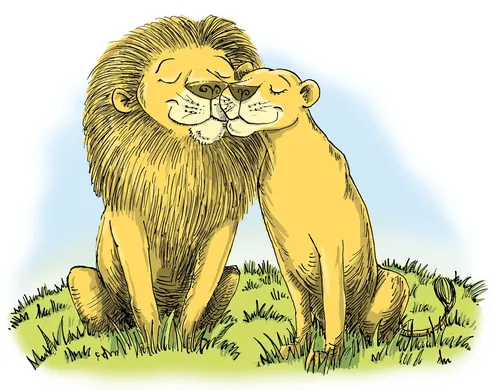 Karikatur eines Löwen und einer Löwin, die sich zärtlich die Gesichter aneinander reiben