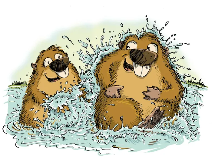 Two cartoon beavers playing and splashing in water