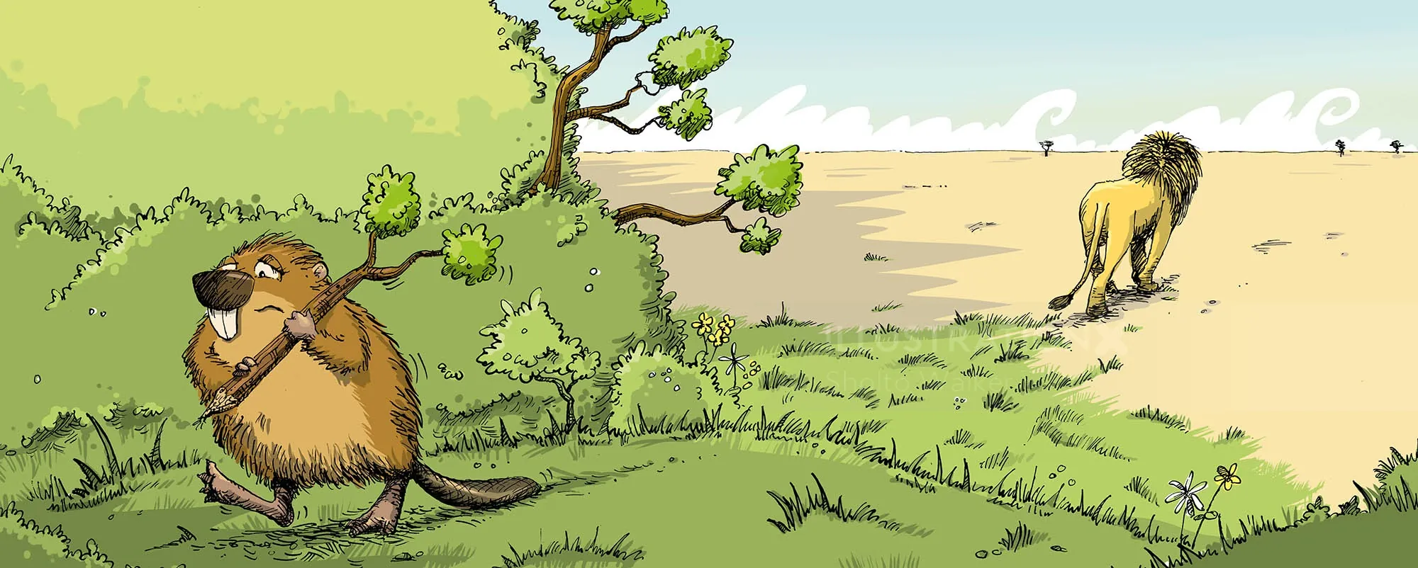 Humorous illustration of a lion walking away while a beaver looks on