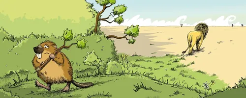 Humorvolle Illustration eines weggehenden Löwen, während ein Biber zusieht.