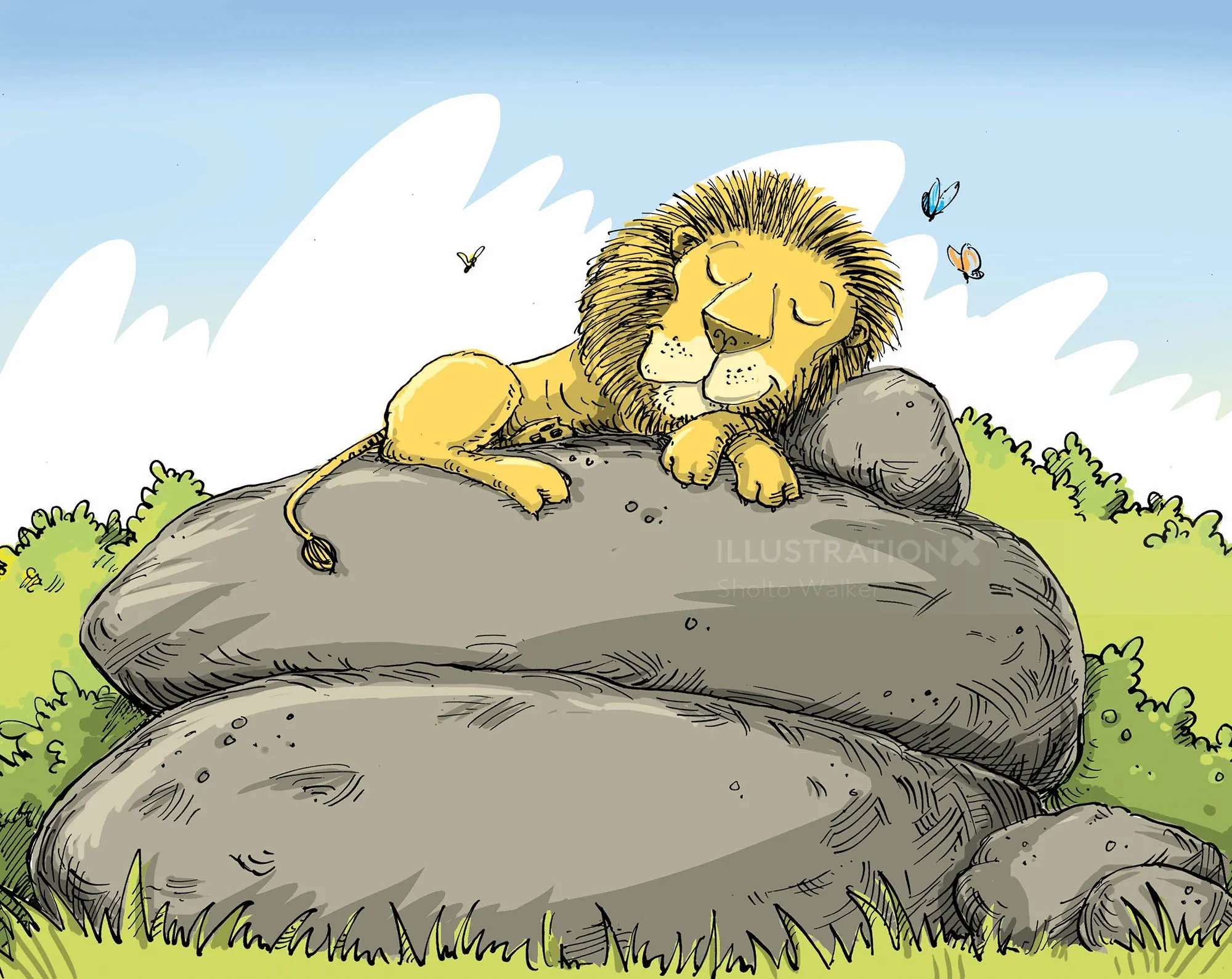 Sleeping lion resting peacefully on stacked rocks with butterflies nearby