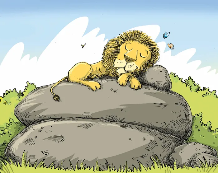 Sleeping lion resting peacefully on stacked rocks with butterflies nearby