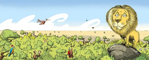 Ein männlicher Löwe steht stolz auf einem Felsen und überblickt den Wald, unter dem sich Vögel und Menschen befinden.
