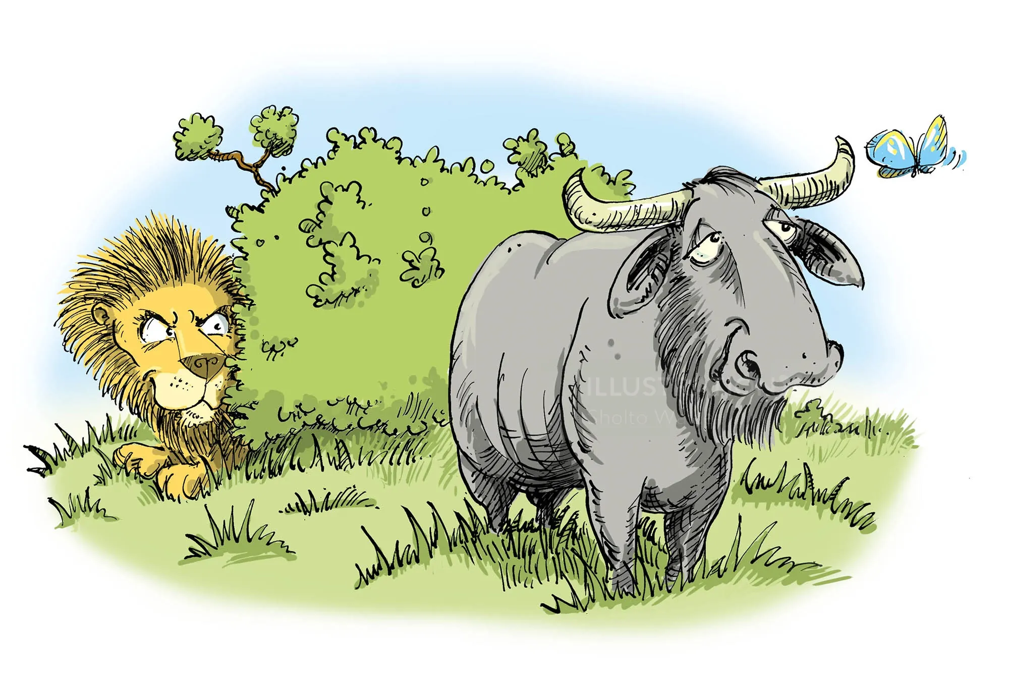 Cartoon lion stalking a wildebeest with butterfly flying nearby
