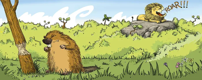 Beaver cringing at a roaring lion in a grassy landscape