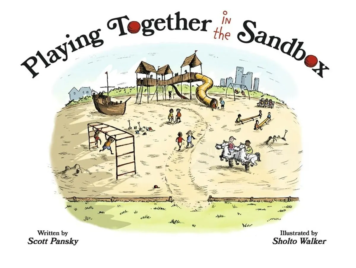 Illustration von Kindern, die auf einem Spielplatz und in einem Sandkasten im Freien spielen
