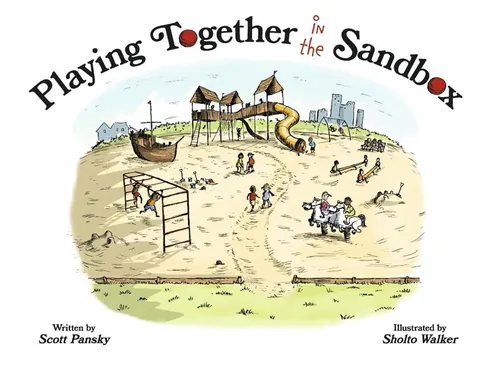 Illustration von Kindern, die auf einem Spielplatz und in einem Sandkasten im Freien spielen
