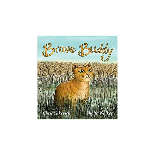 Orangefarbene Katze sitzt im hohen Gras unter dem Text „Brave Buddy“.